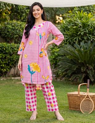 Pink printed cotton kurta trouser set 4