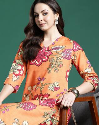 Orange printed cotton kurta trouser set 2