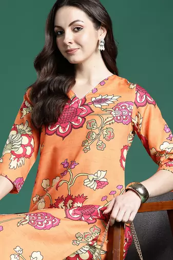 Orange printed cotton kurta trouser set