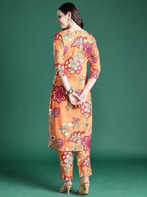 Orange printed cotton kurta trouser set 3