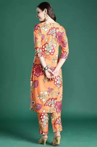 Orange printed cotton kurta trouser set