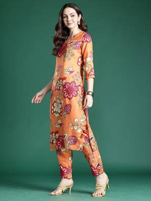 Orange printed cotton kurta trouser set 4