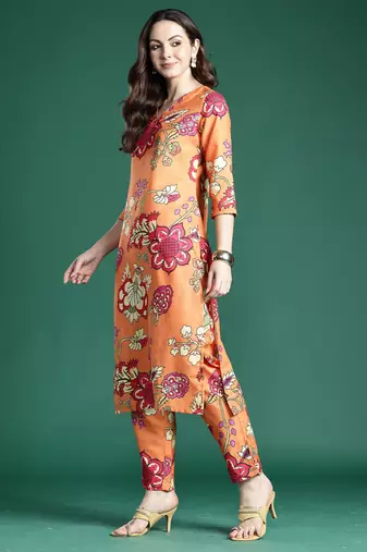 Orange printed cotton kurta trouser set