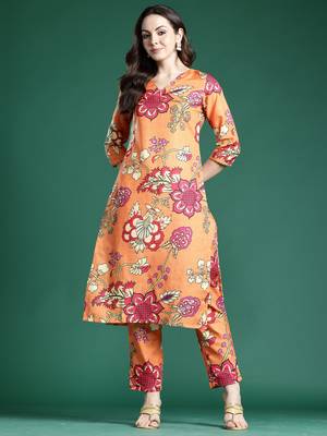 Orange printed cotton kurta trouser set 1