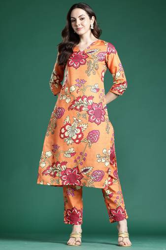Orange printed cotton kurta trouser set