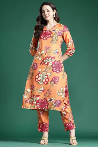 Orange printed cotton kurta trouser set