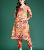 Orange printed cotton kurta trouser set