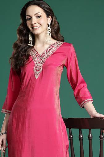 Pink embroidered silk kurta trouser set