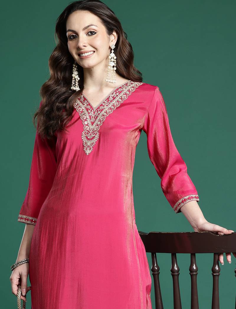 Pink embroidered silk kurta trouser set