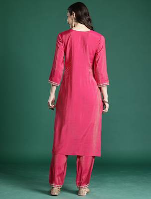 Pink embroidered silk kurta trouser set 2