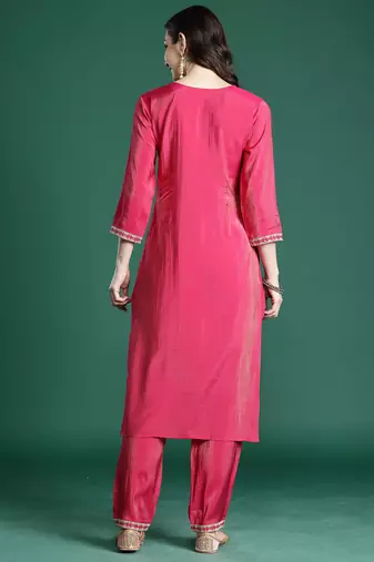 Pink embroidered silk kurta trouser set