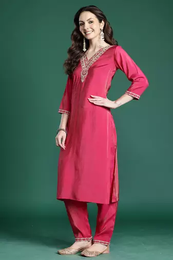 Pink embroidered silk kurta trouser set