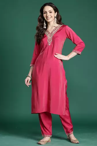 Pink embroidered silk kurta trouser set