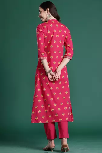 Pink embroidered cotton kurta trouser set