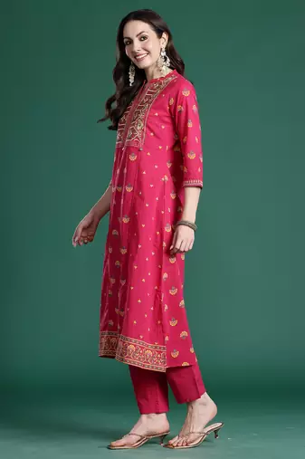 Pink embroidered cotton kurta trouser set
