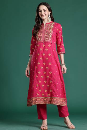 Pink embroidered cotton kurta trouser set