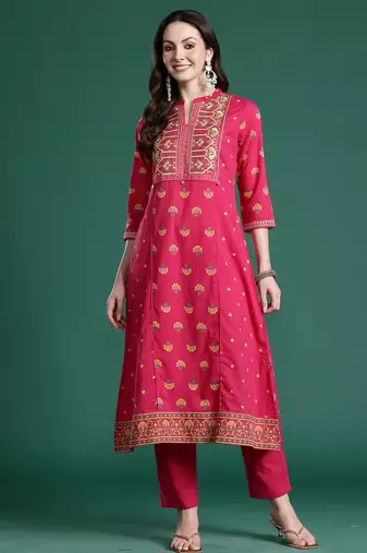 Pink embroidered cotton kurta trouser set