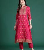 Pink embroidered cotton kurta trouser set
