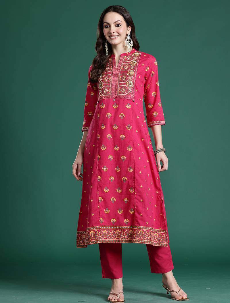 Pink embroidered cotton kurta trouser set