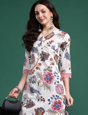 White printed cotton kurta trouser set 1