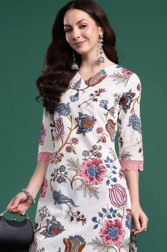 White printed cotton kurta trouser set
