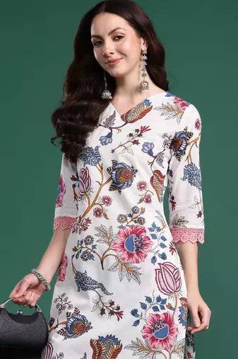 White printed cotton kurta trouser set