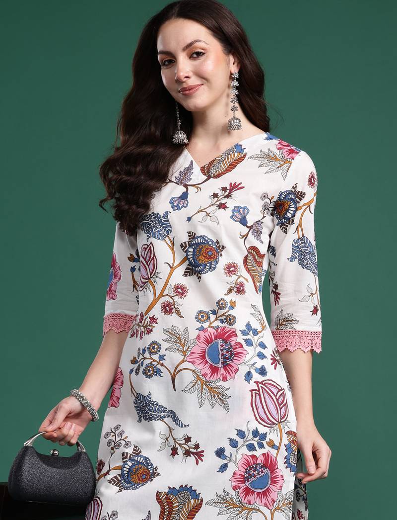 White printed cotton kurta trouser set