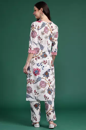 White printed cotton kurta trouser set