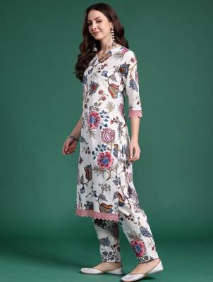 White printed cotton kurta trouser set 3