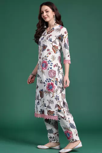 White printed cotton kurta trouser set