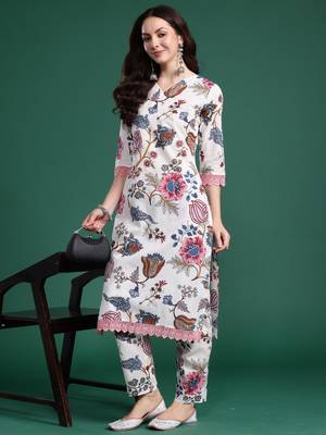 White printed cotton kurta trouser set 4