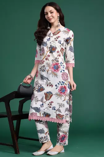 White printed cotton kurta trouser set