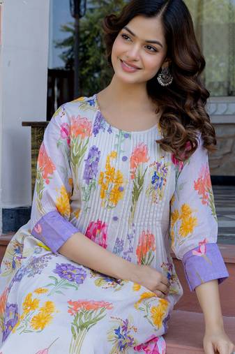Off white printed cotton kurta trouser set