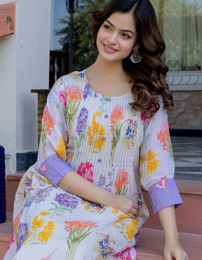 Off white printed cotton kurta trouser set