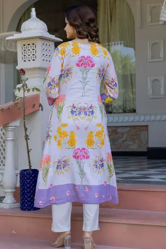Off white printed cotton kurta trouser set