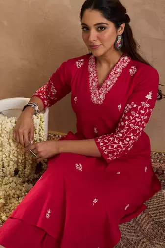 Pink embroidered cotton kurta trouser set