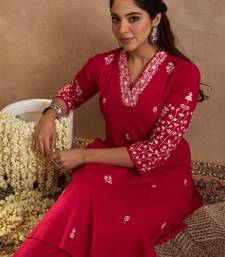 Pink embroidered cotton kurta trouser set