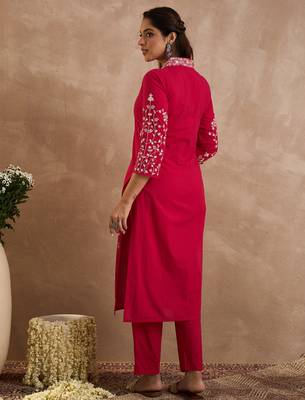 Pink embroidered cotton kurta trouser set 3