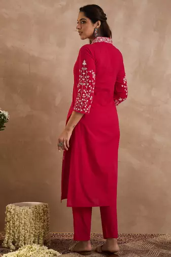 Pink embroidered cotton kurta trouser set
