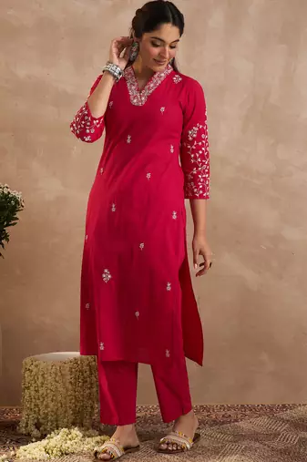 Pink embroidered cotton kurta trouser set
