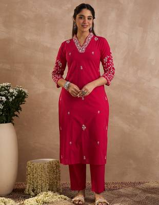 Pink embroidered cotton kurta trouser set 1