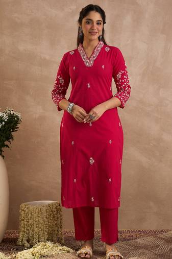 Pink embroidered cotton kurta trouser set