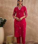 Pink embroidered cotton kurta trouser set