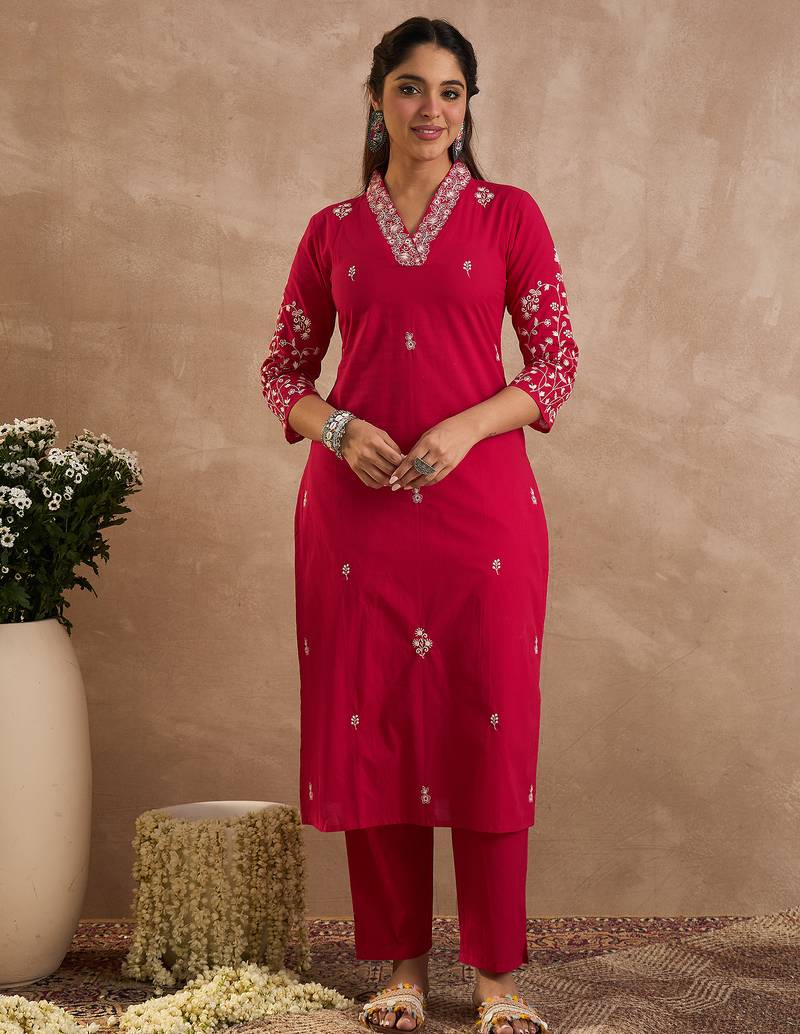 Pink embroidered cotton kurta trouser set