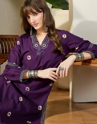 Purple embroidered cotton kurta trouser set 2