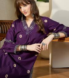 Purple embroidered cotton kurta trouser set