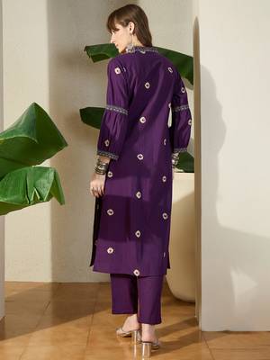 Purple embroidered cotton kurta trouser set 3