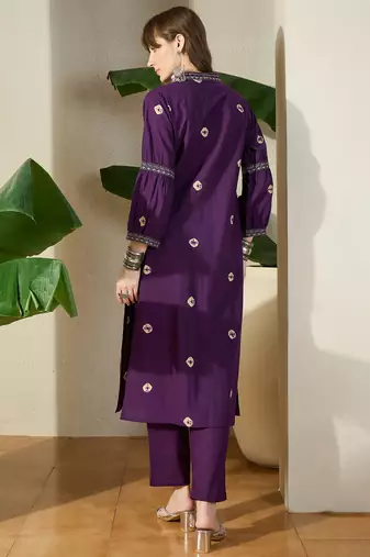 Purple embroidered cotton kurta trouser set