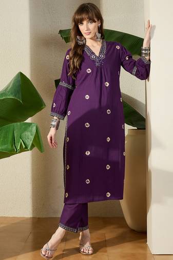 Purple embroidered cotton kurta trouser set