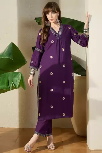 Purple embroidered cotton kurta trouser set